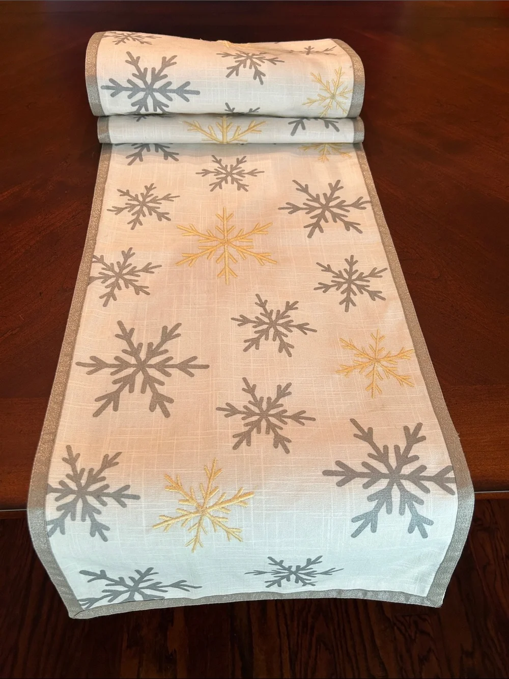 White Table Runner with Gray and Gold Snowflakes and gray Trim 14”x70”